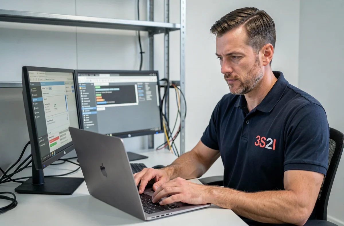Technicien de 3S2I effectuant un diagnostic informatique sur un ordinateur portable professionnel