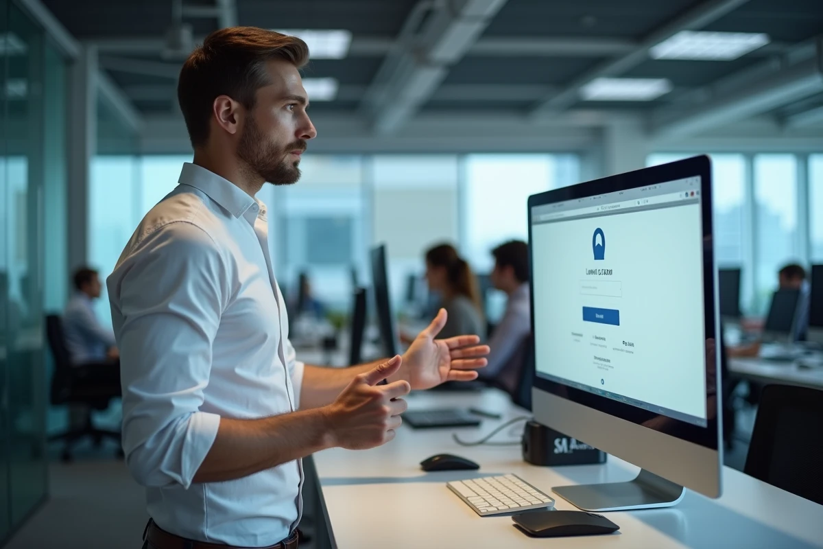 Homme accédant à Melanie2web depuis un poste de travail dans un open space professionnel moderne