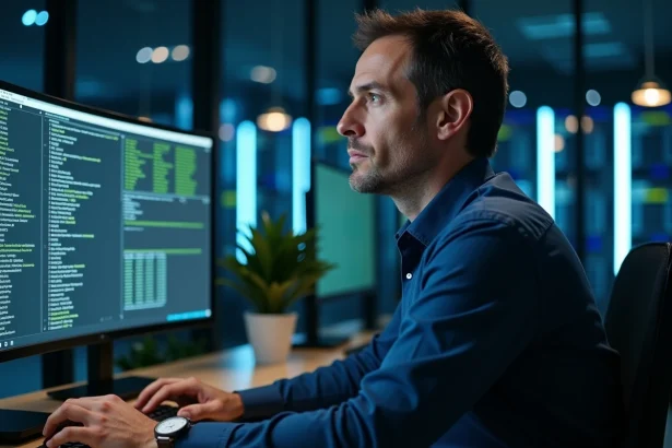 Administrateur système masculin configurant une session d'administration distante Specrem sur un poste de travail à deux écrans dans une salle informatique d'entreprise