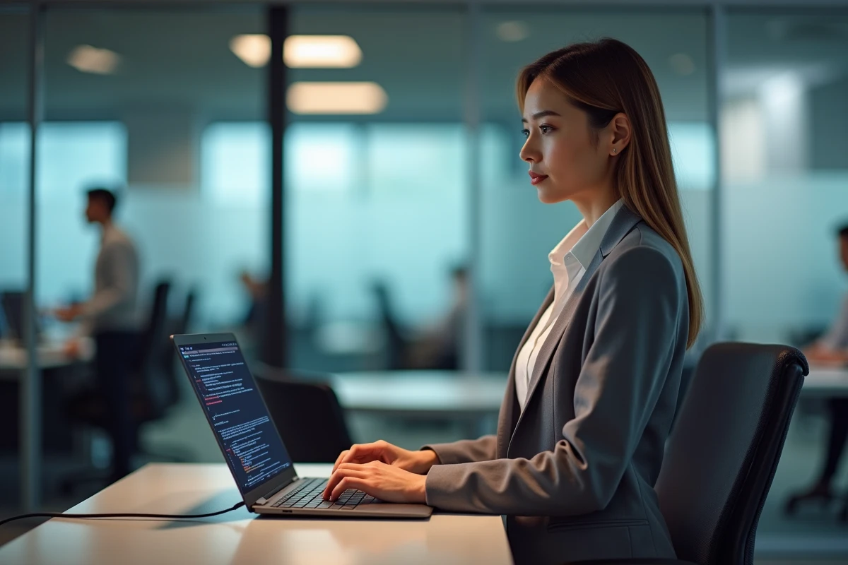 Administratrice réseau féminine debout à son bureau gérant une connexion distante sécurisée via un terminal SSH dans un open space d'entreprise moderne