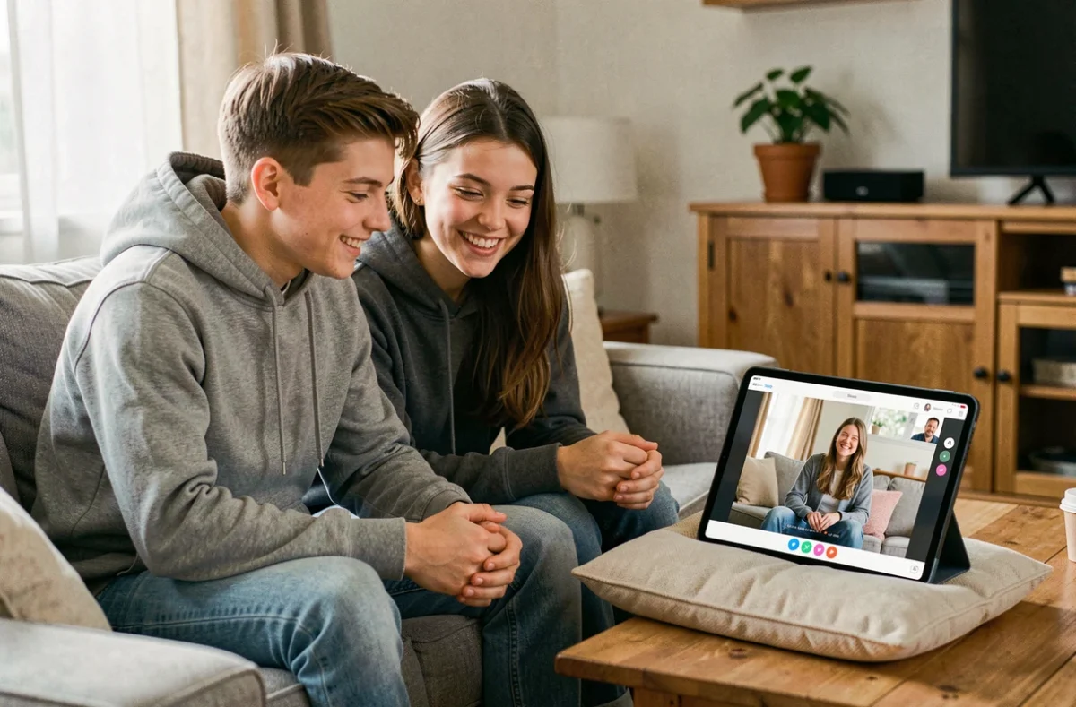 Deux adolescents utilisant Skype sur une tablette pour un appel vidéo en famille dans un salon