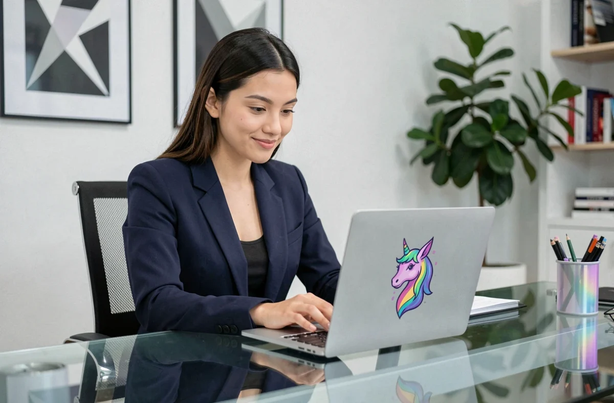 Une professionnelle travaillant sur l'identité visuelle de l'agence Digital Unicorn dans un bureau moderne