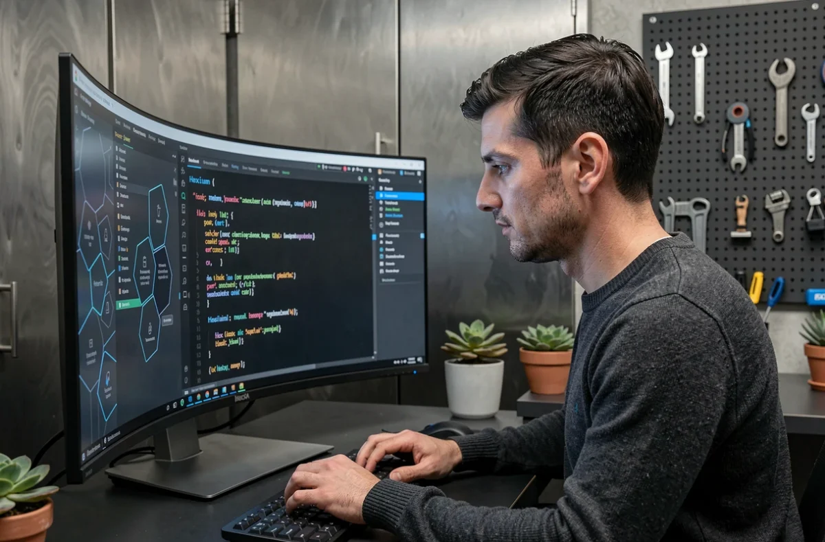 Un développeur de l'agence Hexium travaillant sur des interfaces web hexagonales dans un bureau industriel
