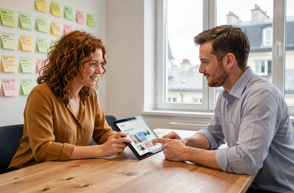 Deux collaborateurs de l'agence Netygo en réunion autour d'un prototype de site web responsive