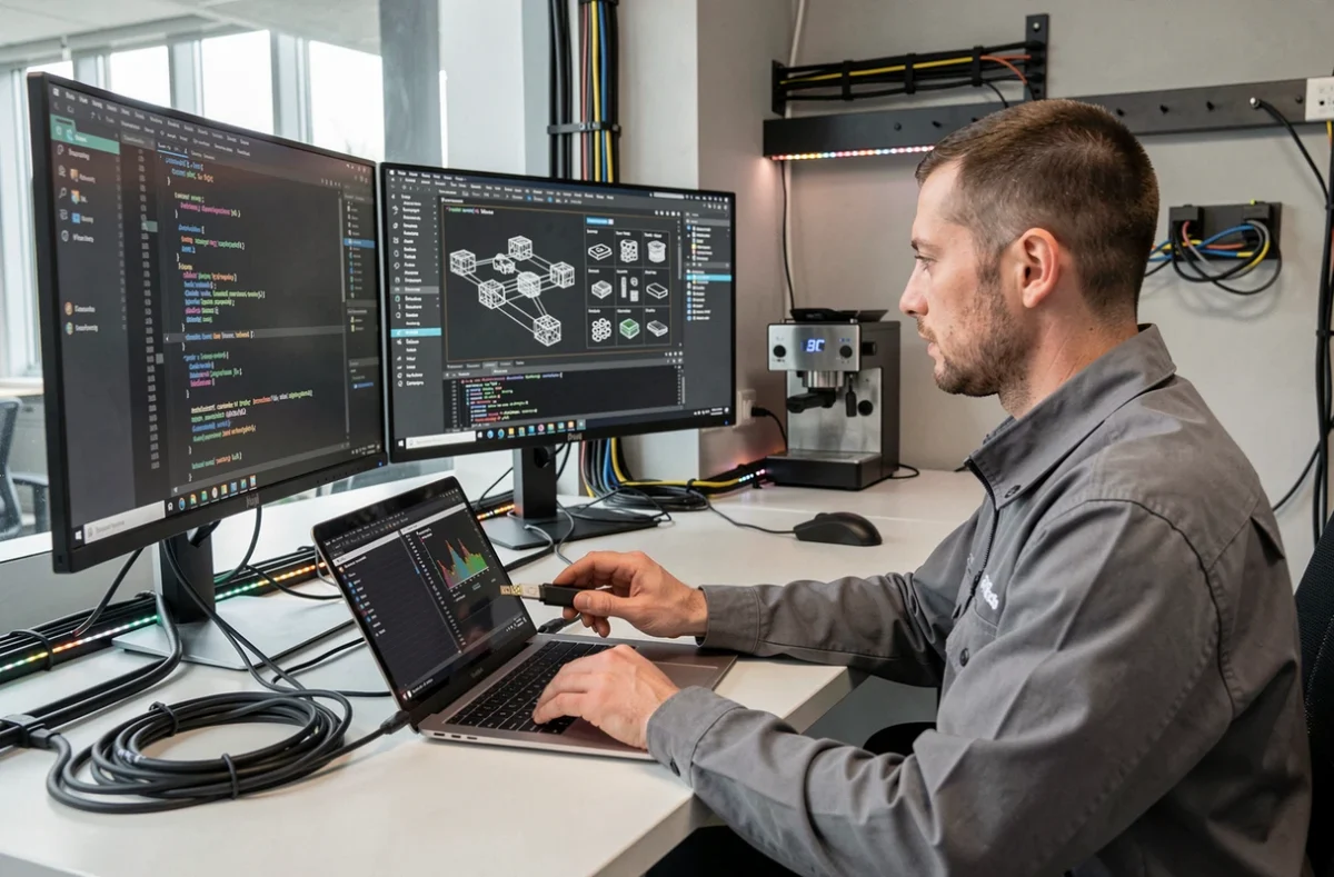 Un technicien de Plug Tech connectant des équipements dans un espace de développement web multi-écrans