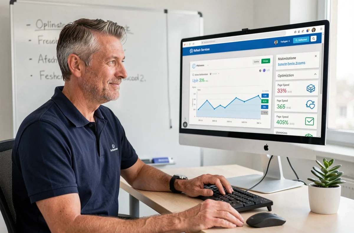 Un expert de Refresh Services supervisant les performances et la maintenance d'un site web sur écran