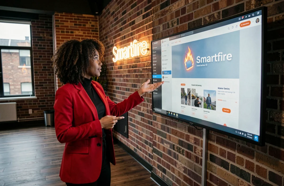 Une directrice de l'agence Smartfire présentant une interface e-commerce innovante dans un loft moderne