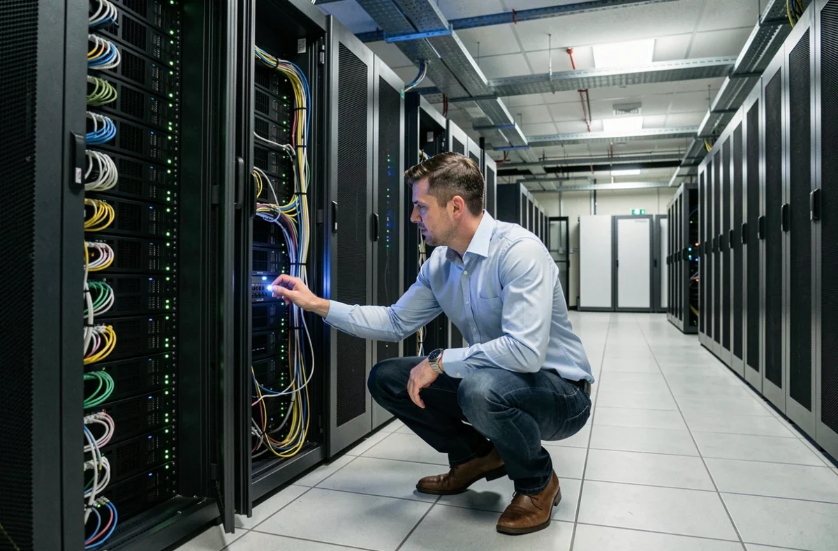 Ingénieur réseau inspectant un rack de serveurs dans une salle informatique professionnelle en Isère