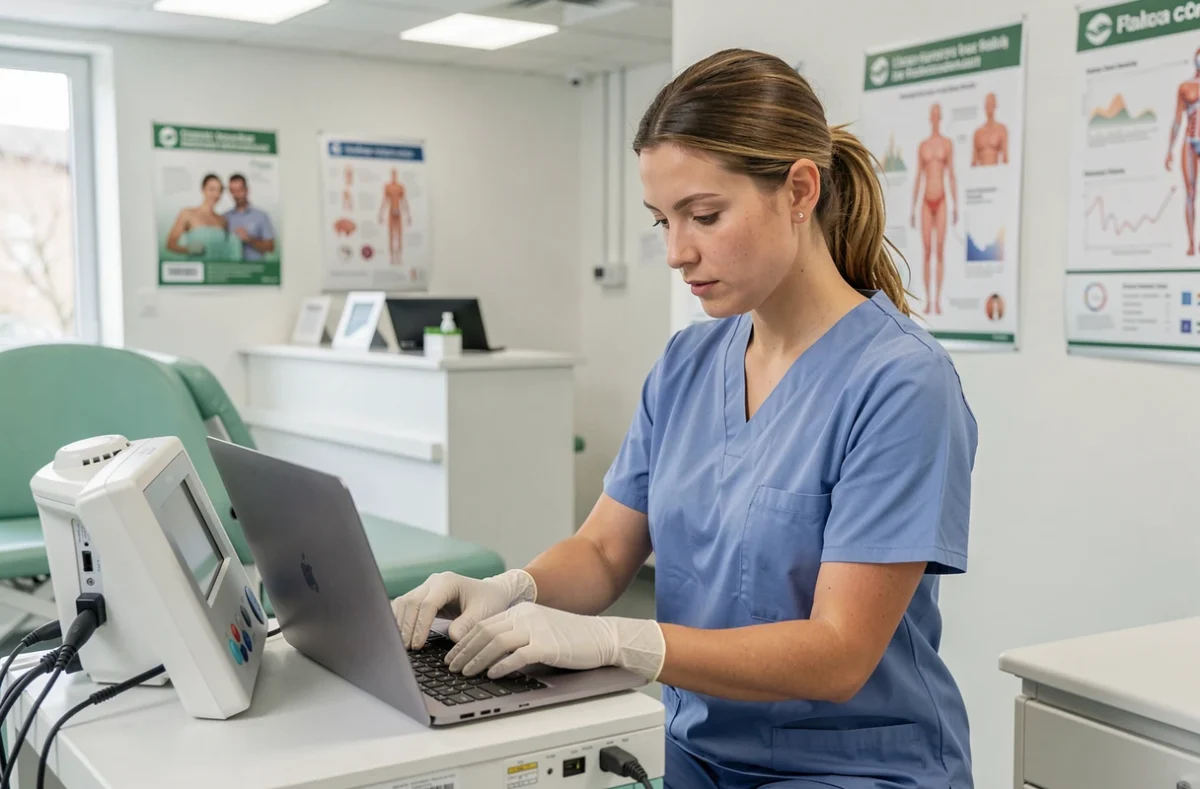 Technicienne informatique spécialisée en milieu médical connectant un ordinateur à un équipement de diagnostic dans un cabinet de santé en Isère