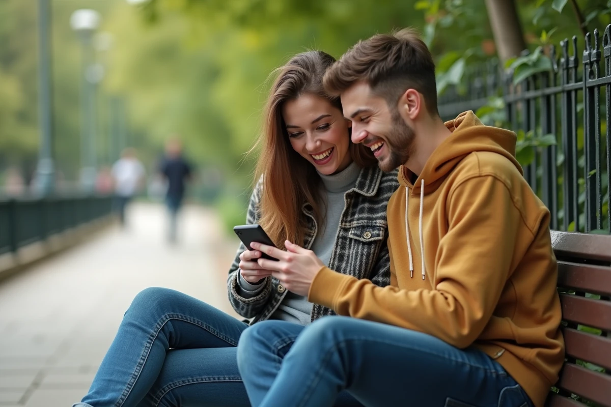 Deux amis assis sur un banc de parc regardant ensemble comment mettre du texte en italique sur WhatsApp