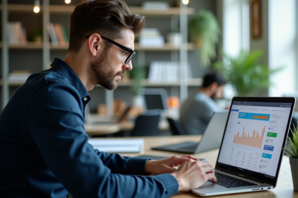 Jeune homme analysant des données SEO sur un ordinateur