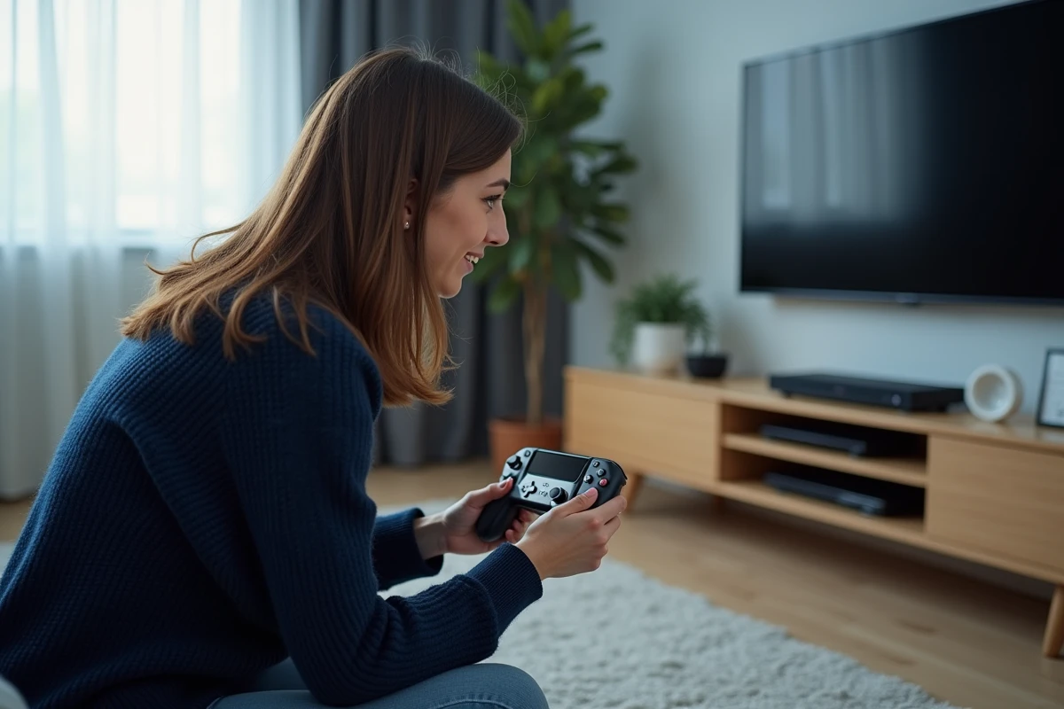 Femme appuyant sur le bouton de synchronisation d'une manette Pro Controller Nintendo Switch devant un téléviseur affichant l'écran d'appairage