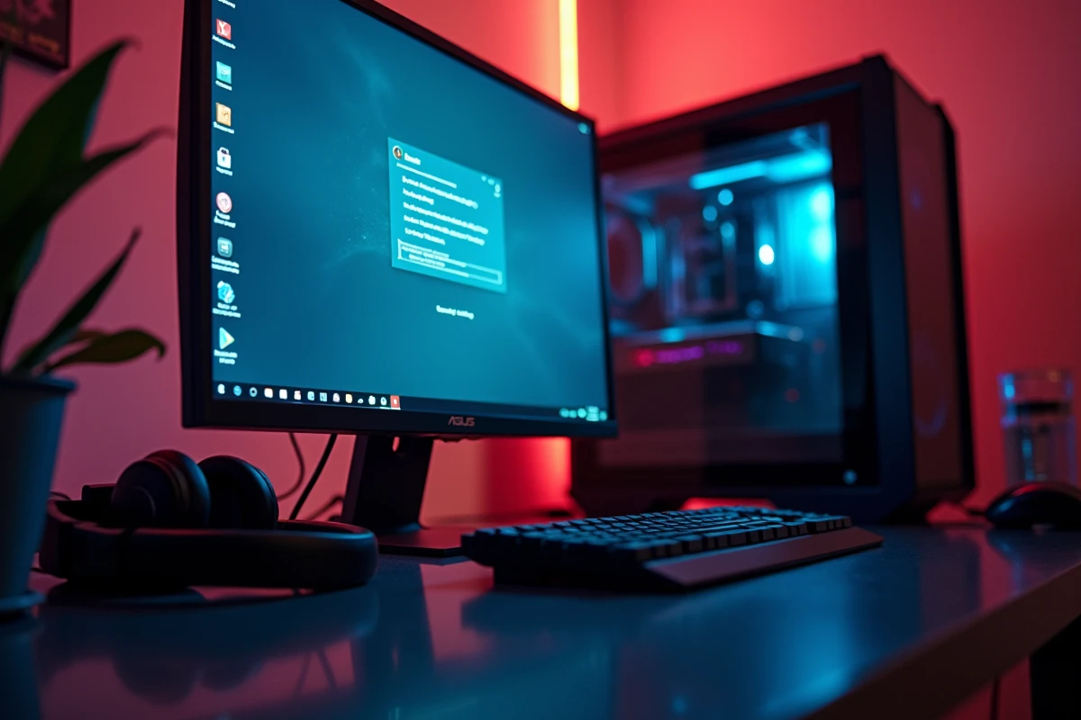 Écran PC gaming ASUS affichant une erreur et l'interface Armory Crate gelée sous Windows
