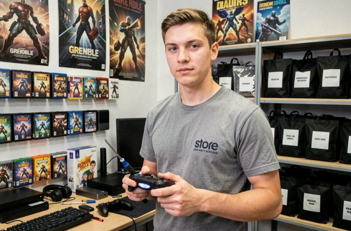 Technicien de réparation tenant une manette de jeu et un tournevis dans une boutique de réparation de consoles et ordinateurs à Grenoble