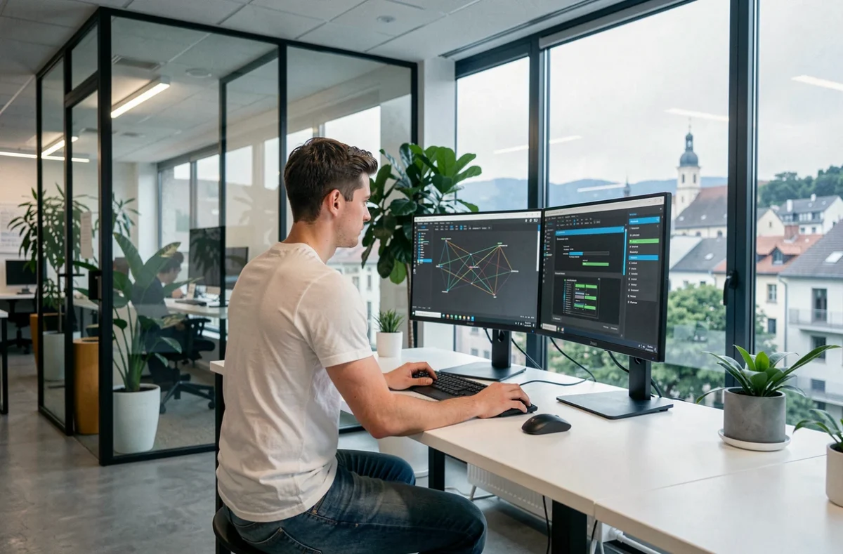 Professionnel informatique travaillant sur des configurations réseau dans un espace de coworking moderne à Grenoble