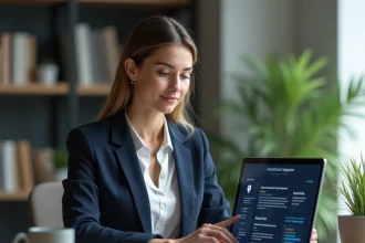 Avocate utilisant une interface IA sur ordinateur portable pour analyser des cas juridiques pratiques