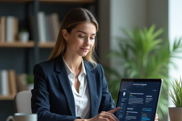 Avocate utilisant une interface IA sur ordinateur portable pour analyser des cas juridiques pratiques