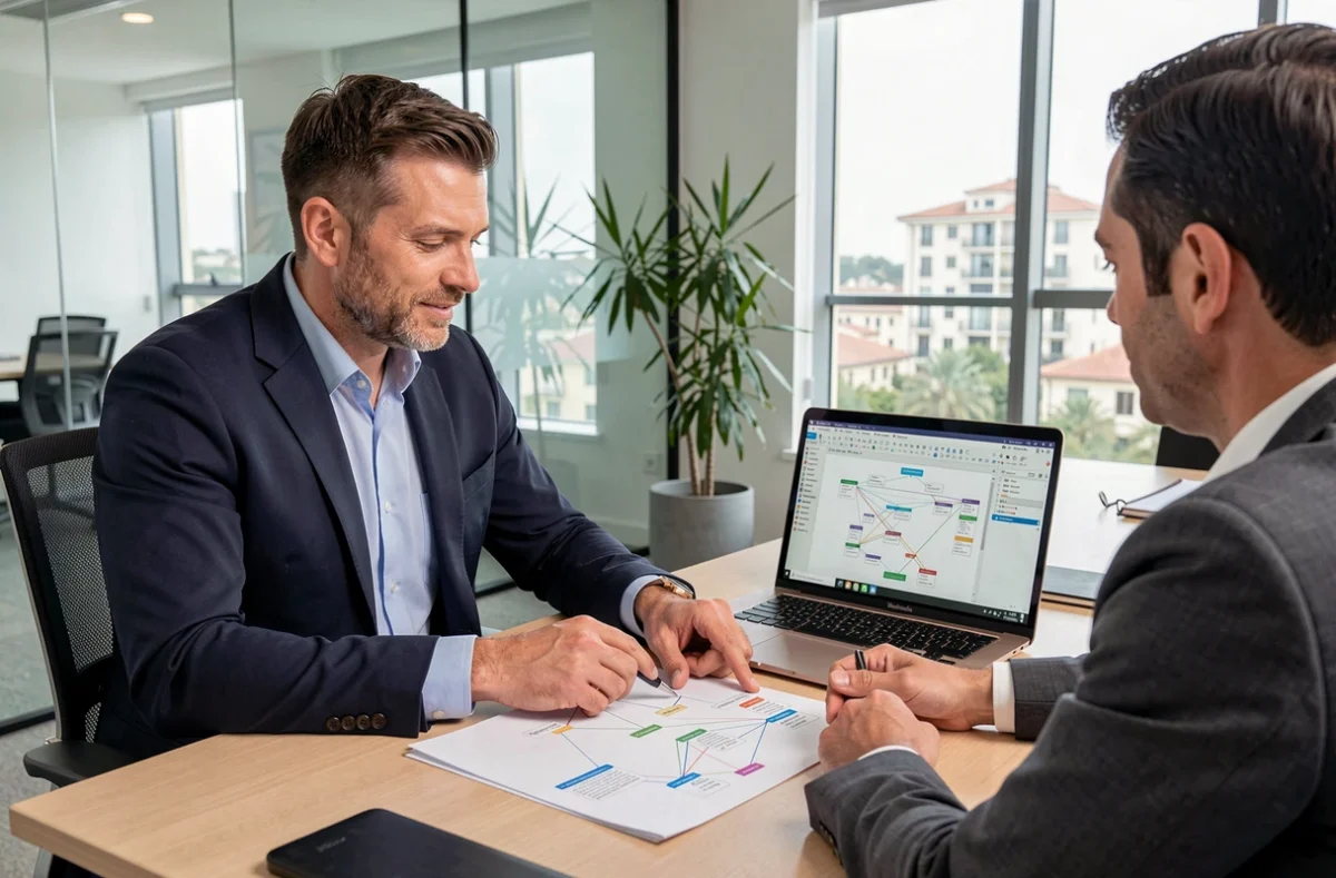 Consultant d'Azur Informatique et Conseil présentant un plan réseau à un chef d'entreprise dans un bureau professionnel