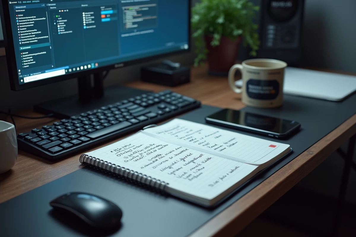 Bureau d'administrateur informatique avec clavier mécanique, notes manuscrites de configuration réseau et écran affichant une console de gestion distante d'entreprise