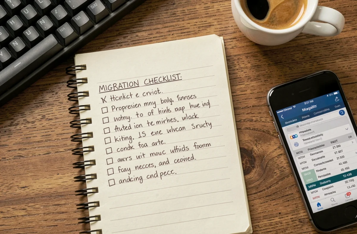 Vue aérienne d'un bureau avec checklist manuscrite de migration et vérification de compatibilité navigateur pour arrêt de Silverlight