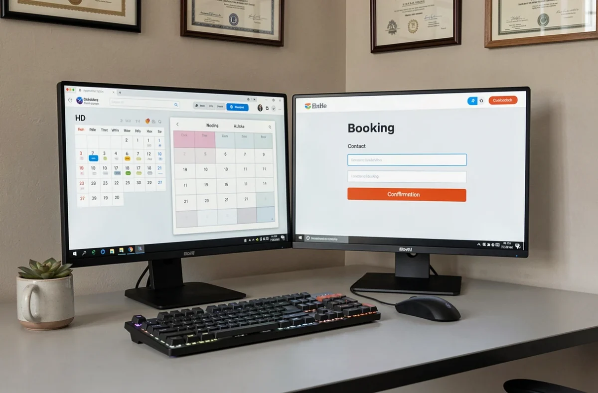 Bureau de freelance avec deux écrans affichant une page de réservation en ligne et un formulaire de prise de rendez-vous