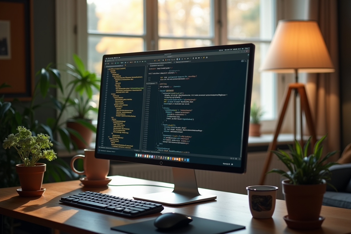 Espace de bureau à domicile avec écran affichant des fichiers de configuration