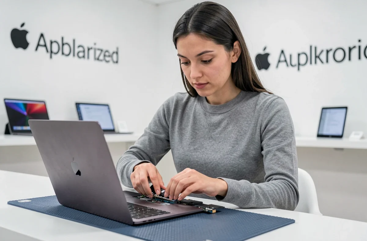 Technicienne agréée Apple de C&C réparant un MacBook Pro dans un centre de services officiel
