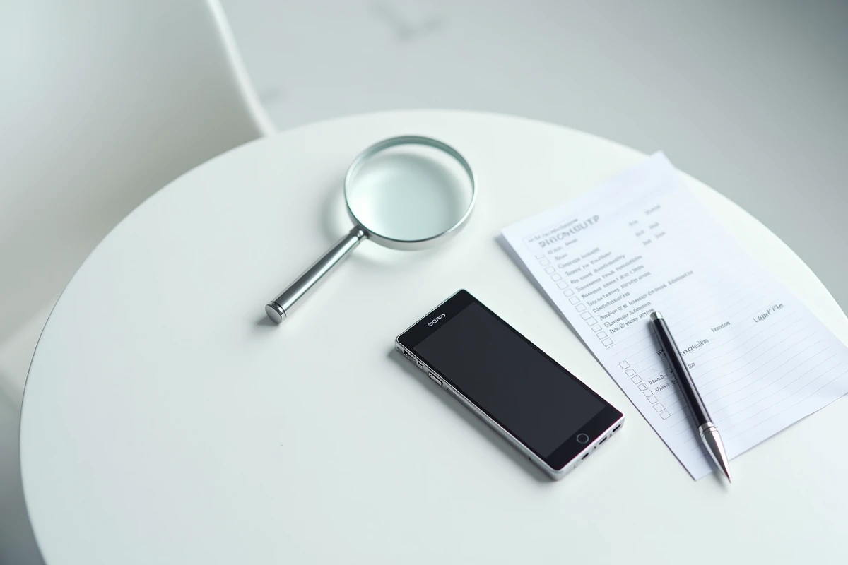 Sony Ericsson Walkman posé à plat avec loupe et checklist pour authentifier le téléphone avant achat