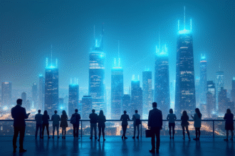 Ville futuriste avec antennes 5G et 6G et personnes utilisant des appareils