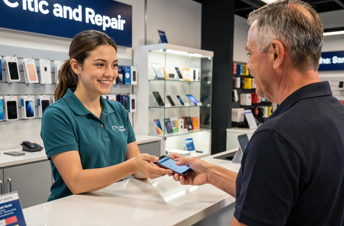 Technicienne de Clic and Repair remettant un smartphone réparé à un client dans une boutique moderne