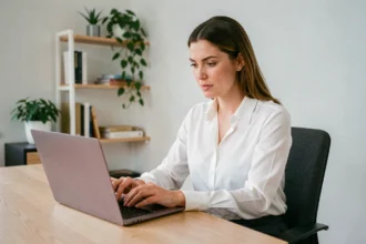 Coach freelance femme consultant son agenda en ligne sur un ordinateur portable dans un bureau minimaliste