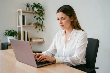 Coach freelance femme consultant son agenda en ligne sur un ordinateur portable dans un bureau minimaliste