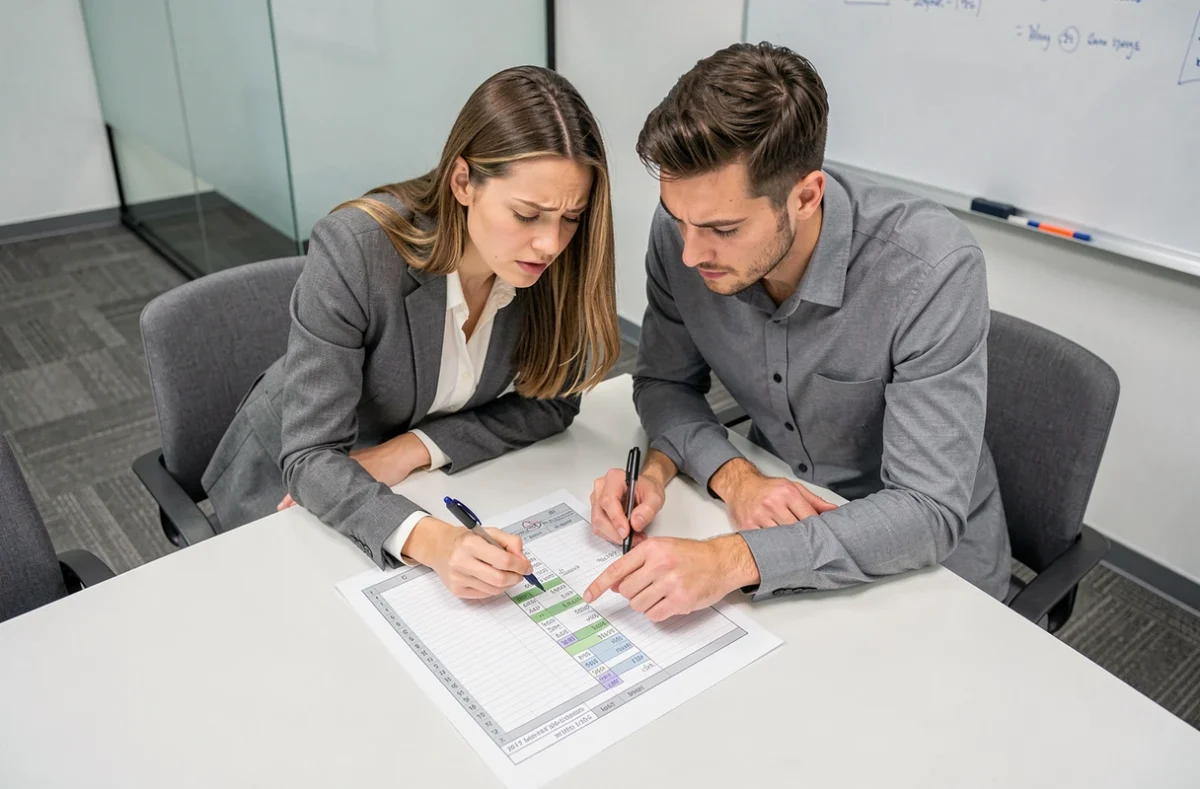 Deux collègues identifiant des erreurs de calcul de pourcentage sur un tableau Excel imprimé