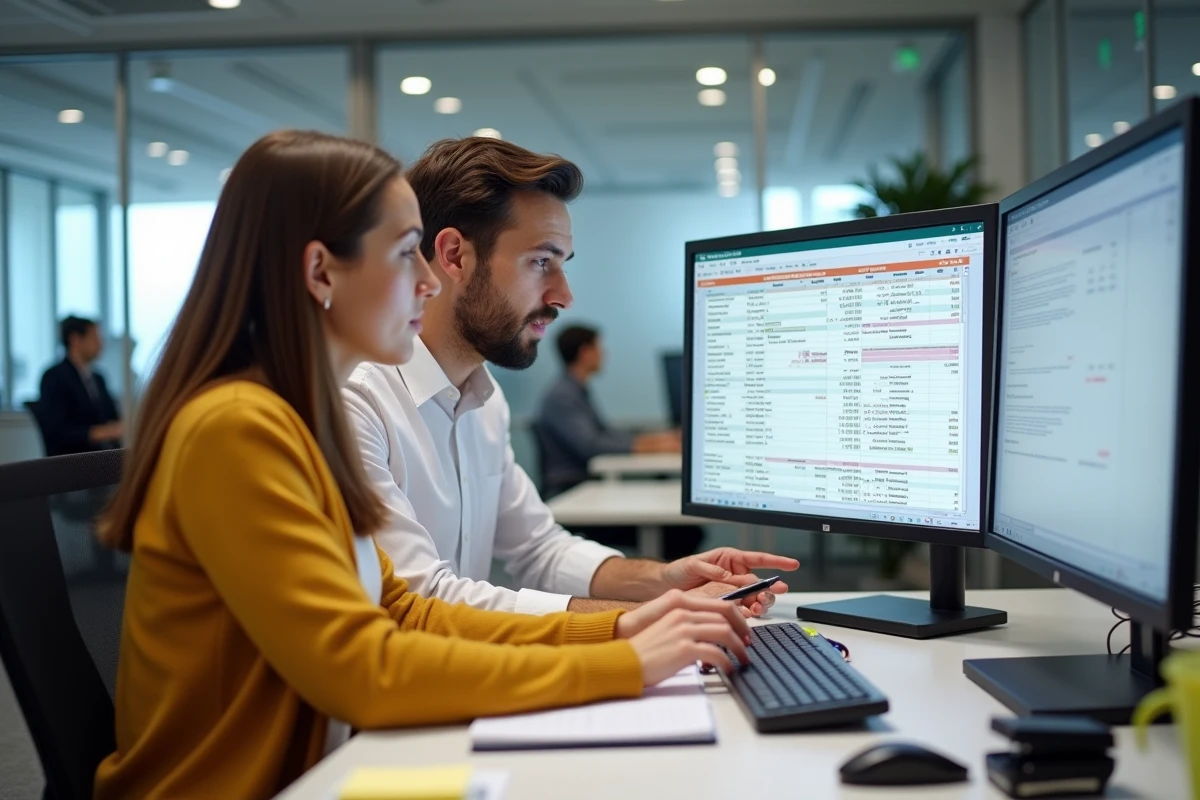 Deux collègues collaborant pour identifier et supprimer des doublons Excel en open space