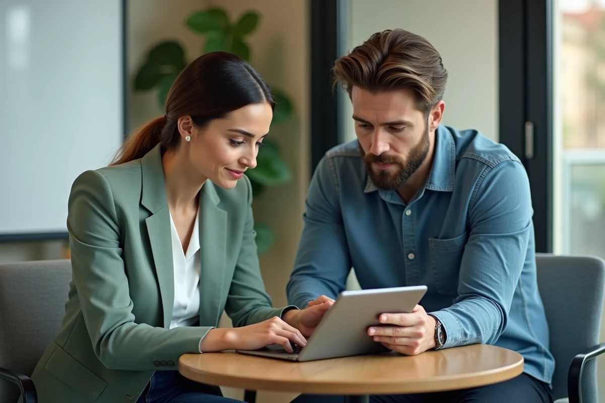 Deux collègues discutant de la stratégie d'envoi d'email avec champs Cc et Cci visibles sur une tablette en salle de réunion