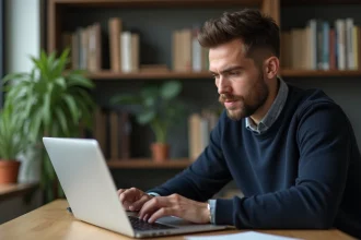 Homme adulte comparant des chatbots IA sur son ordinateur portable dans un bureau à domicile moderne