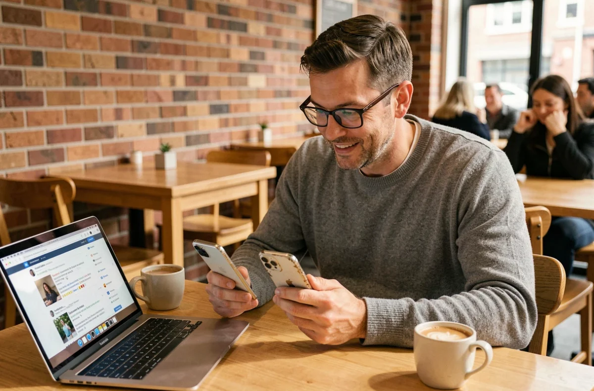 Homme comparant deux iPhone 14 reconditionnés dans un café en lisant des avis clients en ligne