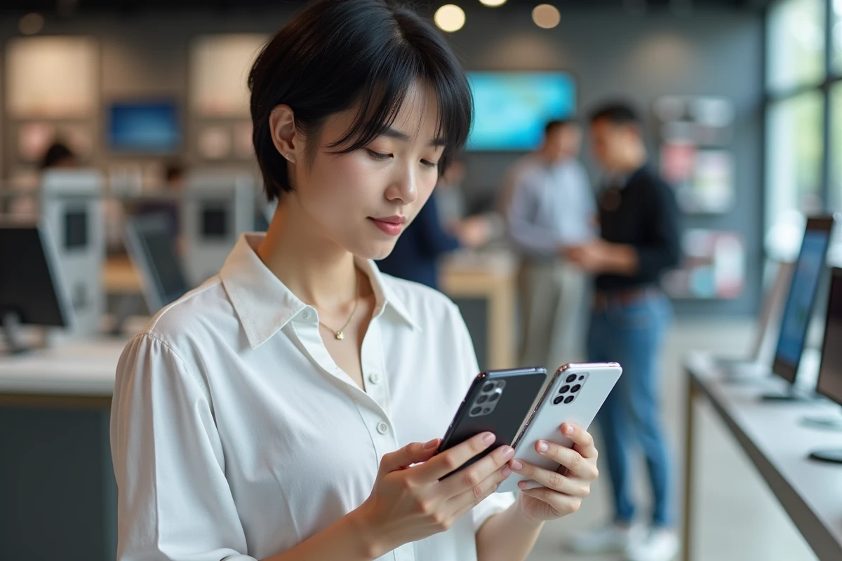 Femme comparant un S25 Ultra neuf et reconditionné dans un magasin d'électronique