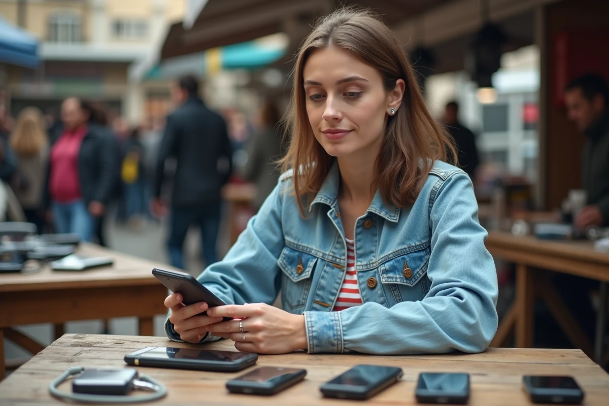 Femme comparant deux téléphones Sony Ericsson Walkman sur un marché de l'occasion pour identifier un modèle authentique
