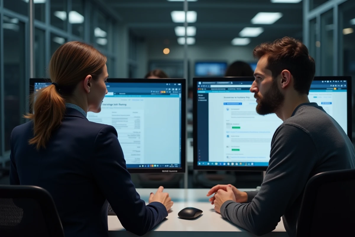 Deux collègues comparant l'interface Zimbra et le webmail Unicaen sur des écrans côte à côte