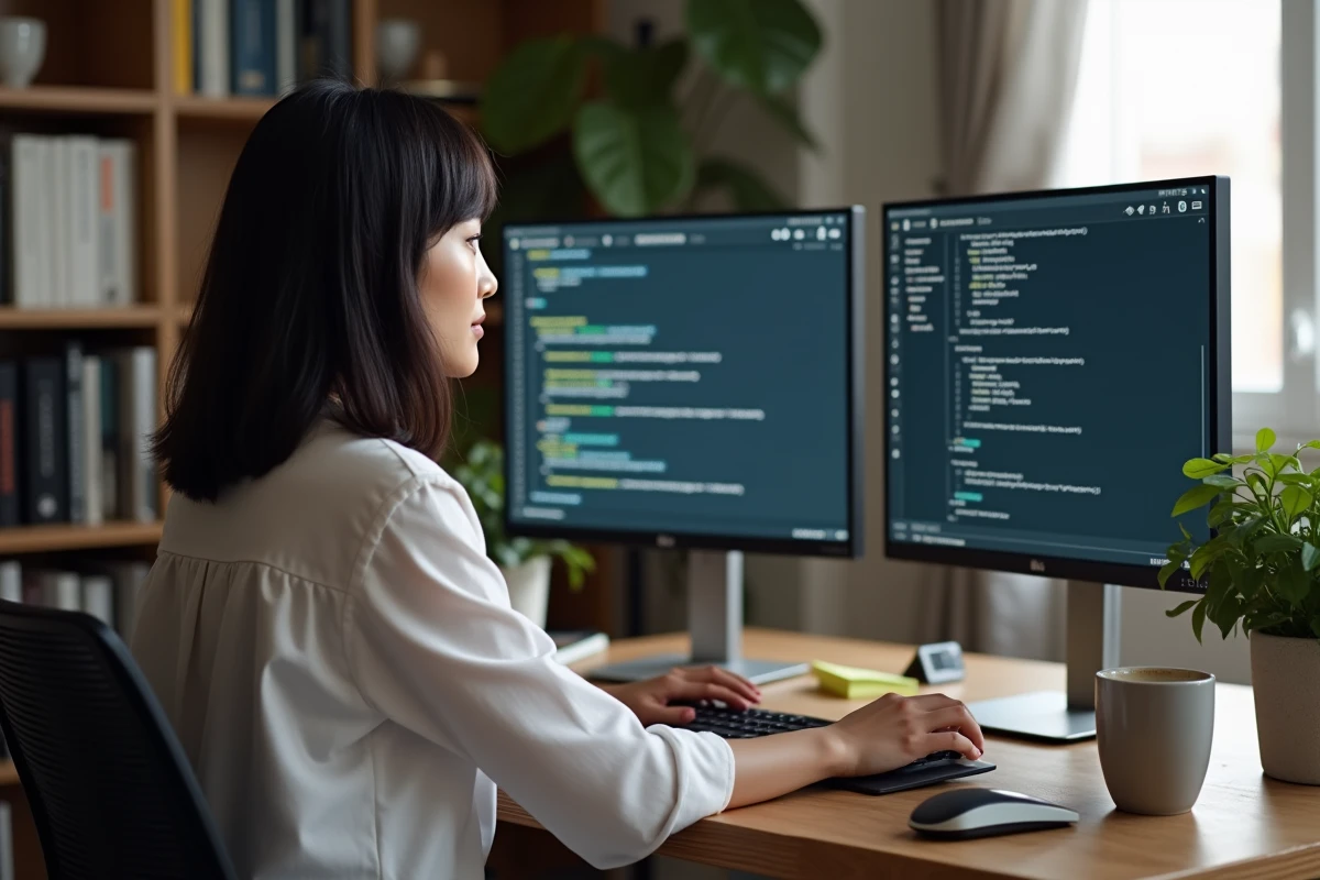 Femme configurant une adresse IP fixe sur un bureau à domicile pour partager une connexion réseau