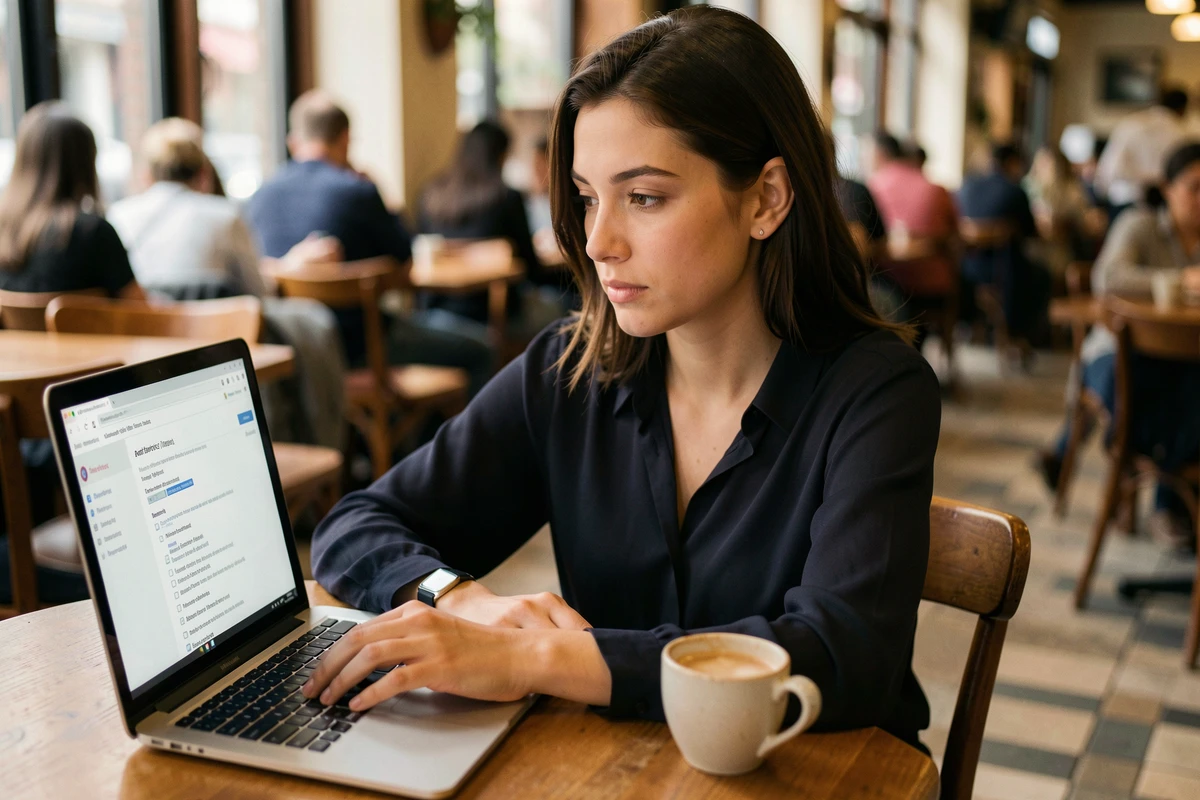 Jeune femme configurant les options anti-spam et d'archivage de son webmail dans un café