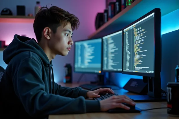 Développeur configurant une clé de licence FiveM sur son PC de bureau dans un home office gaming