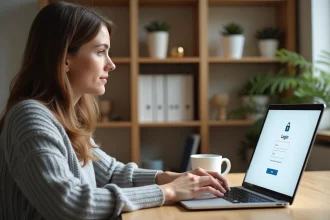 Femme connectée à son espace personnel Melanie2web sur un ordinateur portable dans un bureau à domicile organisé
