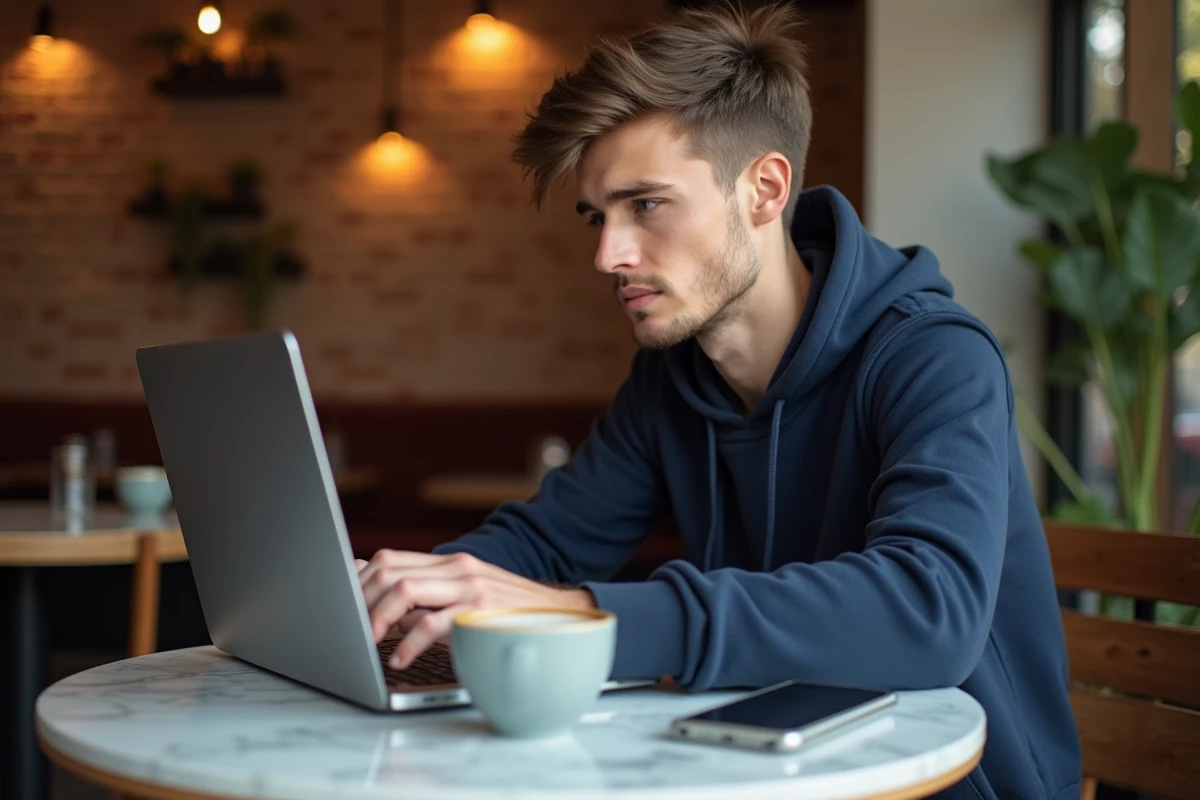 Jeune adulte se connectant à Melanie2web sur un ordinateur portable dans un café urbain avec smartphone à portée de main