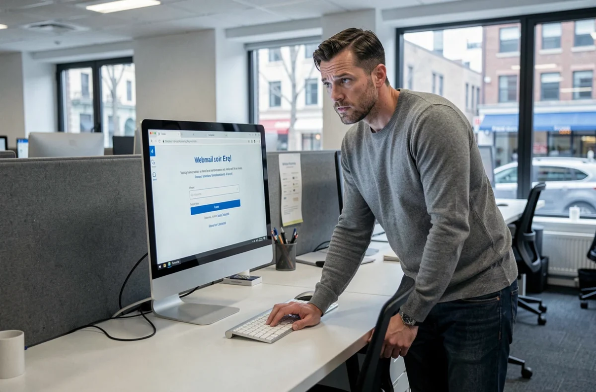 Homme en open space face à un écran d'ordinateur avec une page d'erreur de connexion au webmail académique