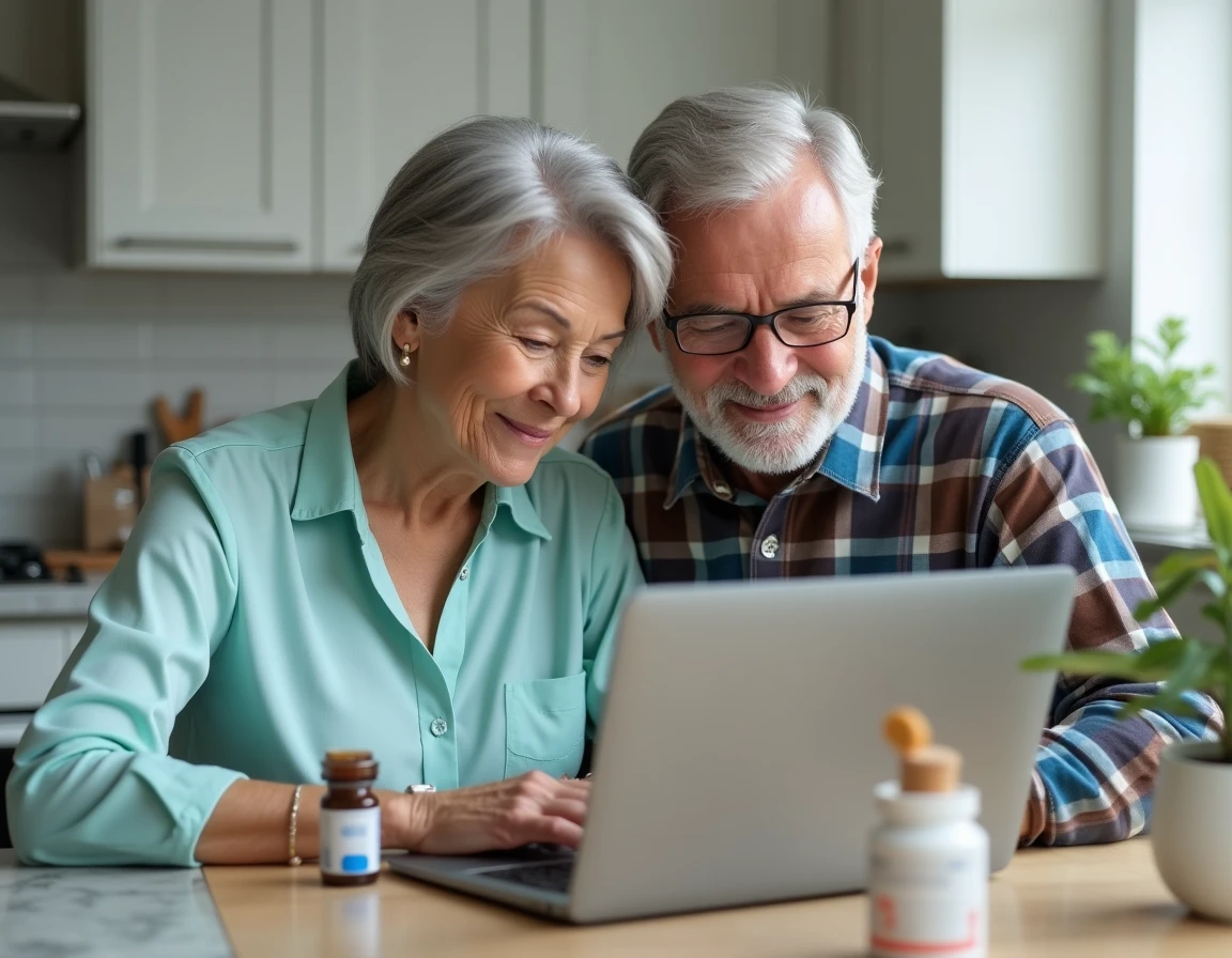 Couple de seniors utilisant Google Lens sur un ordinateur portable pour identifier un médicament dans la cuisine