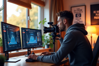 Créateur de contenu filmant dans un studio moderne avec écrans lumineux