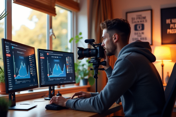 Créateur de contenu filmant dans un studio moderne avec écrans lumineux