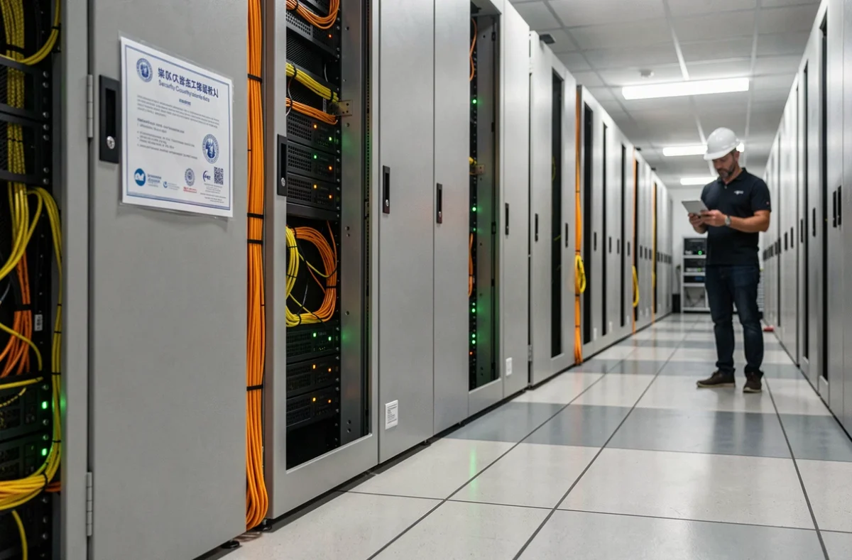Couloir d'un data center français sécurisé avec des armoires de serveurs verrouillées, câblage fibre optique et certifications de conformité RGPD affichées